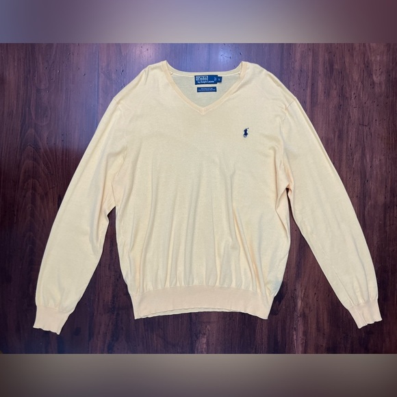 Polo Ralph Lauren V Neck Sweater Size Large Yellow 100% Pima Cotton Preppy Golf - Picture 2 of 13